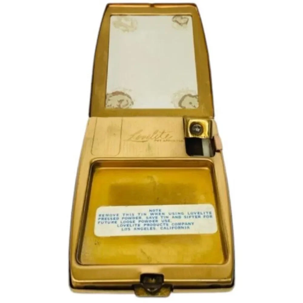 LOVELITE Lighted Makeup Compact Mid Century Original Case Gold Toned Flower READ